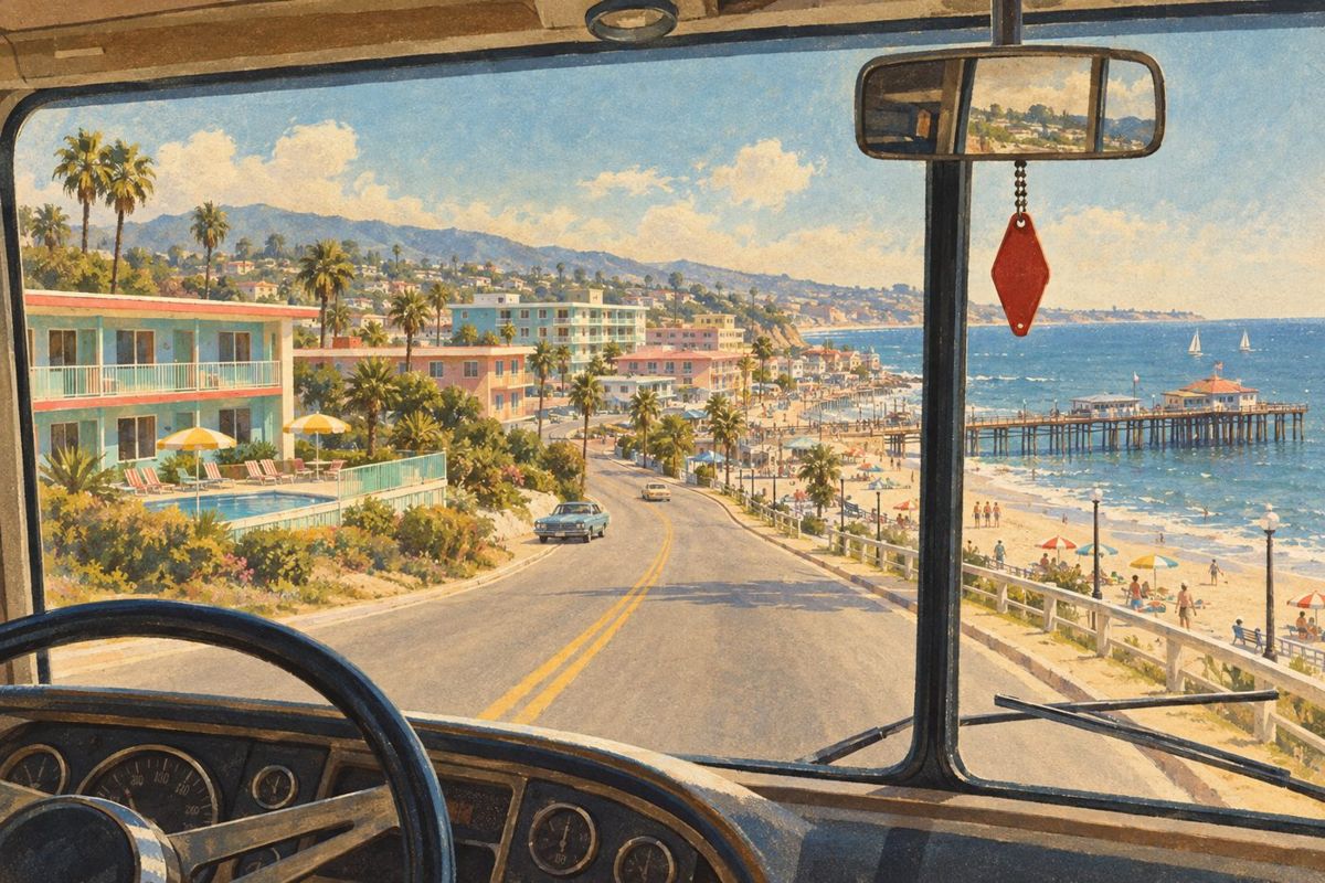 Illustration: the view from a tour bus driver's seat toward a seaside resort town