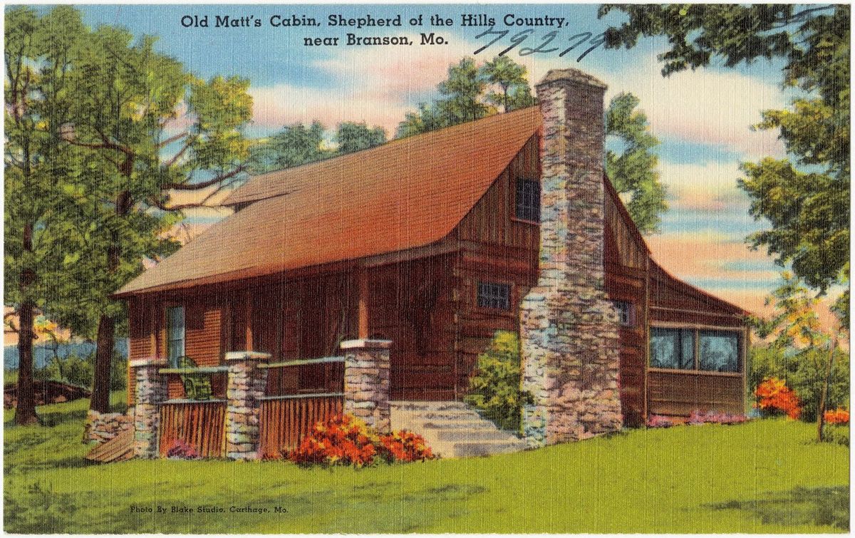 Old postcard of Old Matt's Cabin near Branson, about 1935