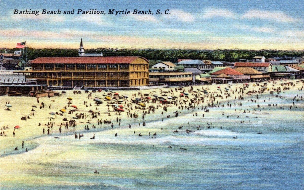Old postcard of the beach and Pavilion at Myrtle Beach, 1950
