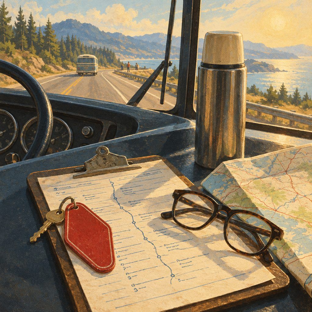 Illustration of a tour bus dashboard with a motel key tag, route sheet and thermos